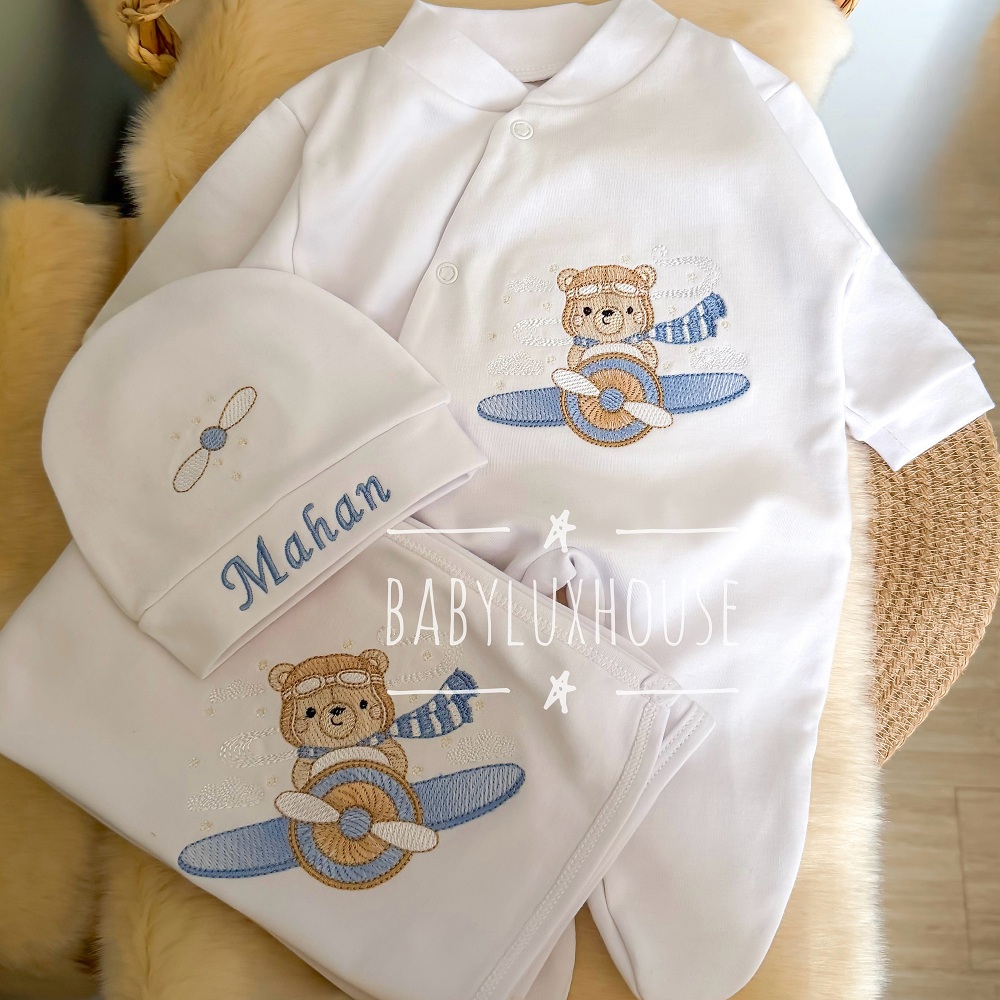 سرهمی و کلاه نوزادی گلدوزی طرح خلبان